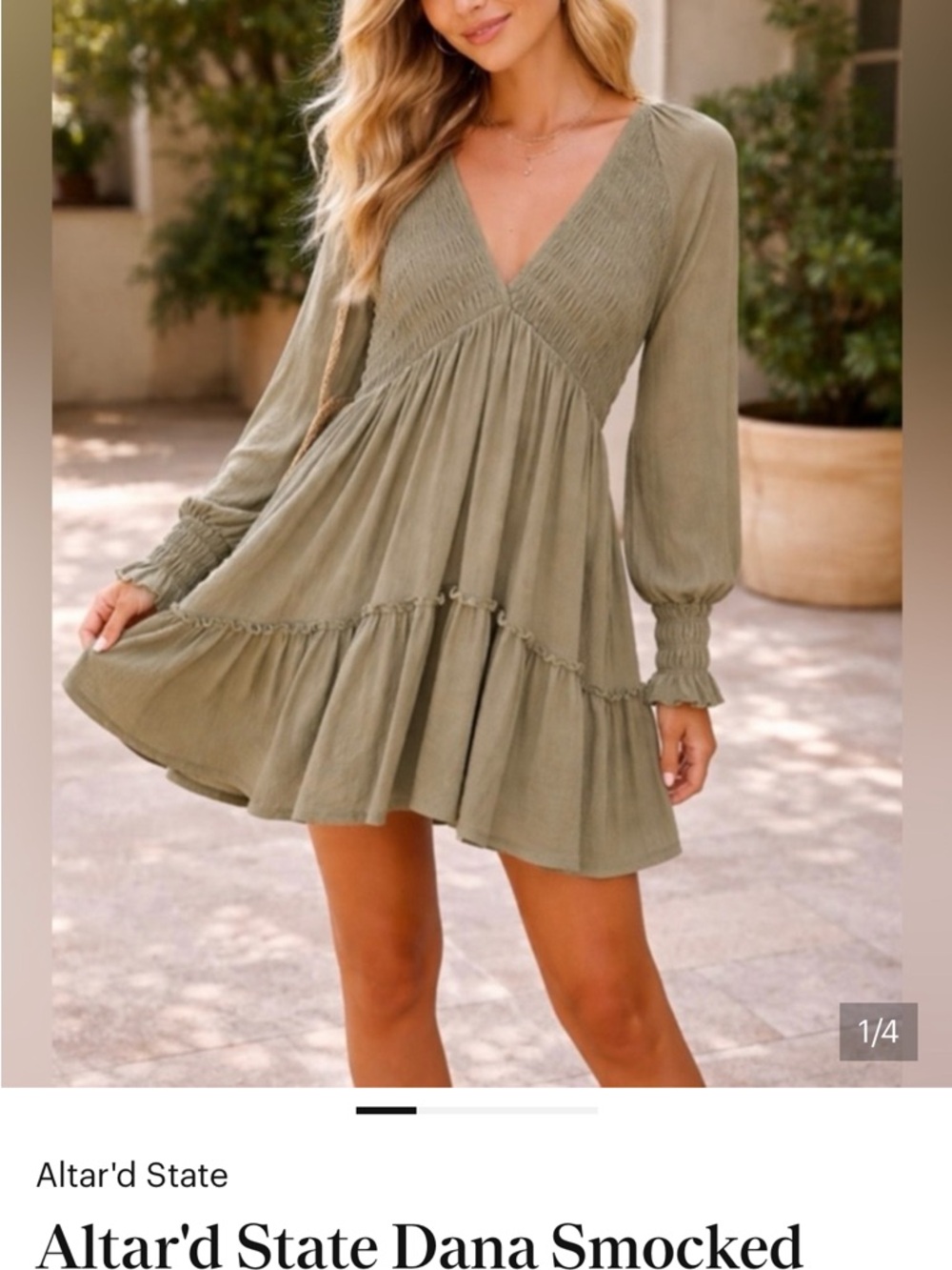 Altar'd State Olive Smocked V-Neck Long-Sleeve Mini Dress